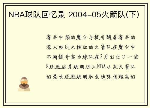 NBA球队回忆录 2004-05火箭队(下)