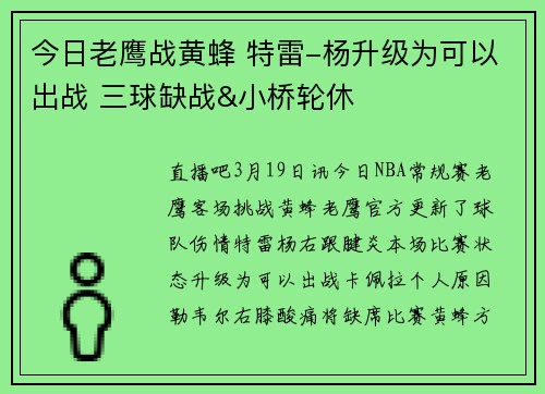 今日老鹰战黄蜂 特雷-杨升级为可以出战 三球缺战&小桥轮休