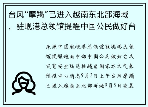 台风“摩羯”已进入越南东北部海域，驻岘港总领馆提醒中国公民做好台风灾害安全防范